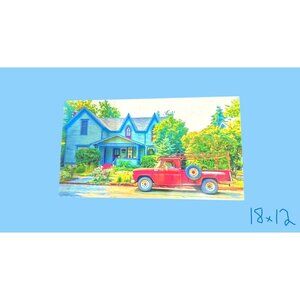 Red Truck Blue House 18x12 Canvas Art Print New Rustic Decor